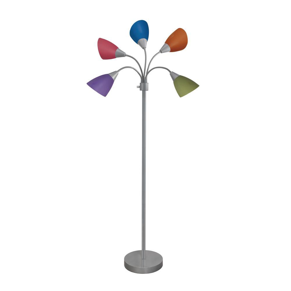 NEW 67 in. Silver 5-Arm Floor Lamp with Multi Color Shade