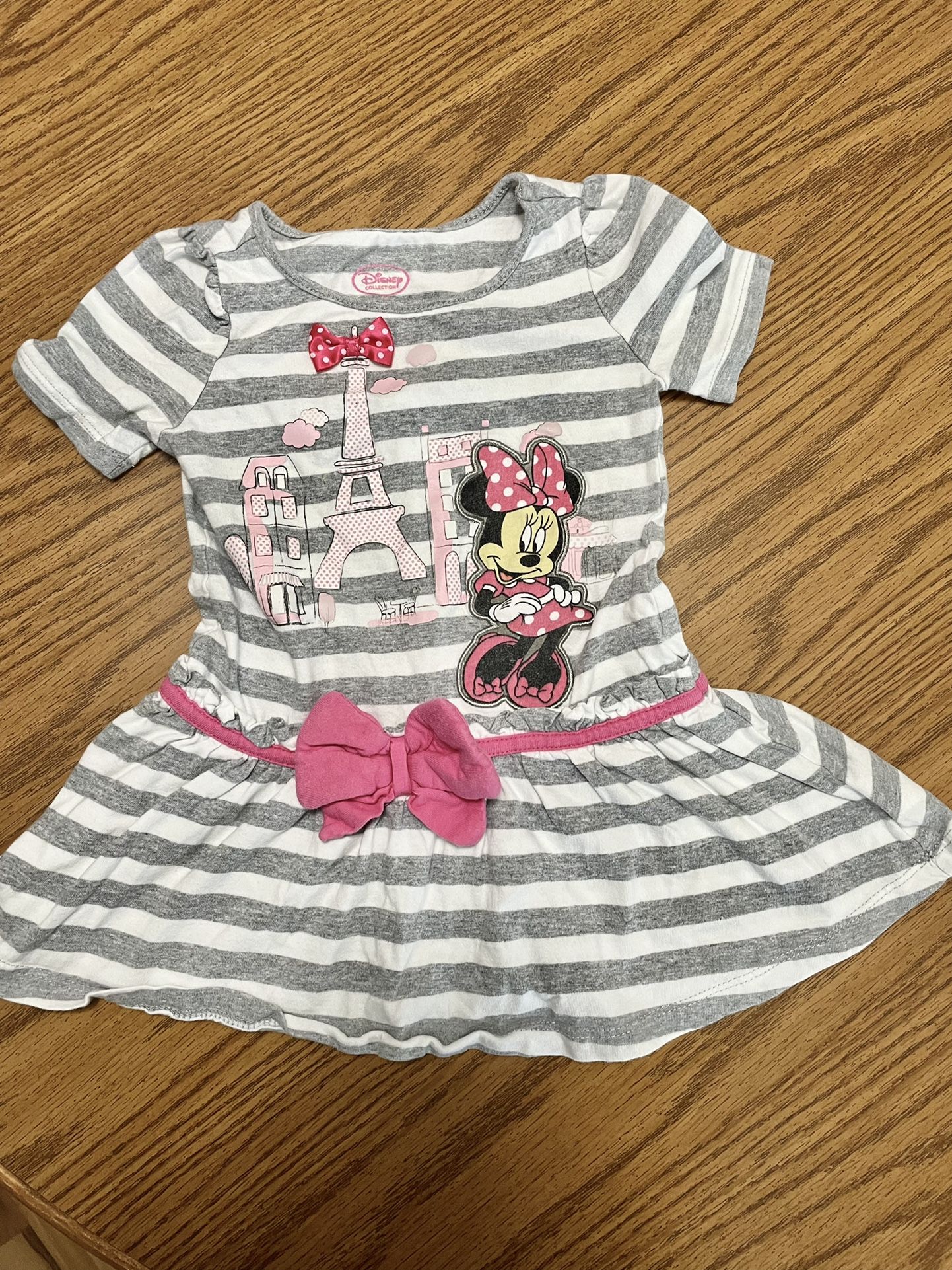 3T Minnie in Paris dress. Gray and white striped with bows and Minnie in Paris scene