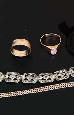 Gold rings, gold bracelet & silver bracelet