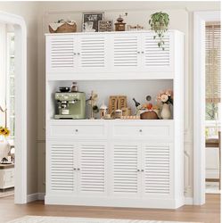 White Kitchen Pantry Cabinet with Louvered Doors
