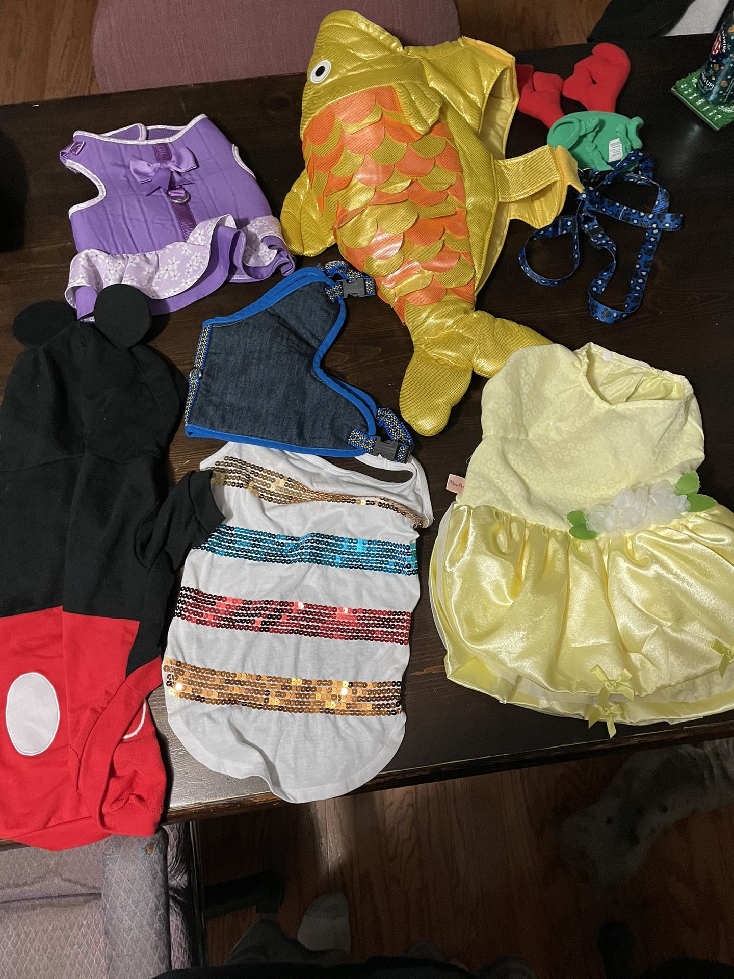 mixed lot dog clothing, harness’s, costumes. all size large. 