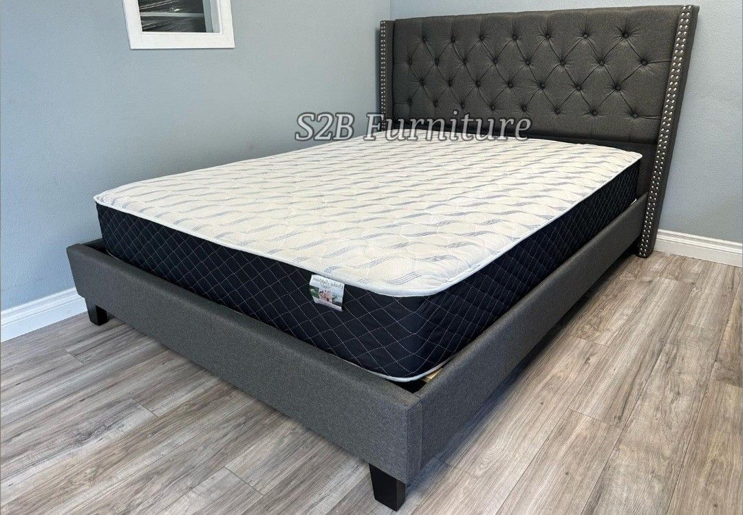 Queen Grey Tufted Bed With Ortho Matres!