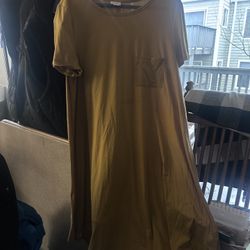 Lularoe 2X Hi Lo Midi Dress Round Neck Pullover Mustard Yellow Short Sleeve 