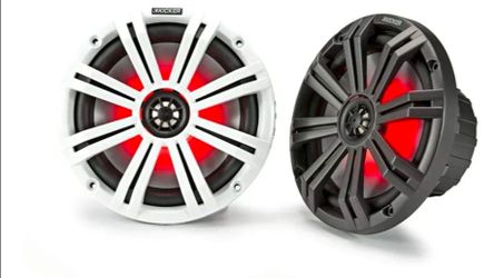 KICKER KM8 8-Inch (200mm) Marine Coaxial Speakers with 1-Inch (25mm) Tweeters, LED, 4-Ohm,Charcoal and White Grilles