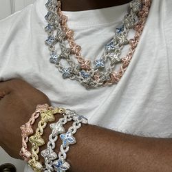 Flower 4 Leaf Clover Iced Out Premium Quality Chains & Bracelet Rose Gold Gold | Pink | Silver| Blue