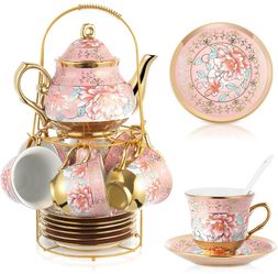 Zhehao 20 Pcs Porcelain Tea Set With Metal Holder And Spoon Adult Ceramic Tea Set European Flower Painting Teapot Cup Saucer Spoon For Women, Large Ve