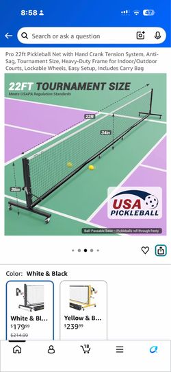 Pro 22ft Pickleball Net with Hand Crank Tension System, Anti-Sag, Tournament Size, Heavy-Duty Frame for Indoor/Outdoor Courts, Lockable Wheels, Easy S