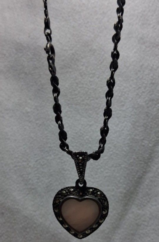 Vintage Charles Winston “CW” 925 Sterling Silver Marcasite Heart Pendant Necklace – 1980s, 20” Chain