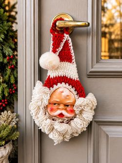 Vintage Mid-Century Kitsch Crochet Santa Door Hanger - Plastic Face - Hong Kong-Christmas