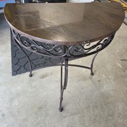 Metal Half Moon Console Table W/ Stone Top Scroll Accent