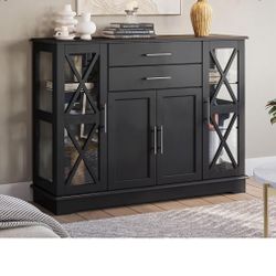 Sideboard Buffet, 47 Inch Storage Console Table Coffee Bar Kitchen Cupboard Pantry Glass Display Cabinet for Lving Entryway D