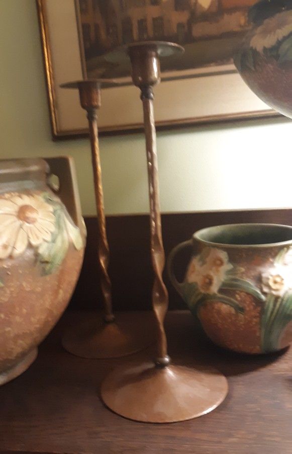 Roycroft Hammered Copper Tall Twisted Candlesticks Antique arts And Crafts 1900 Royceofters
