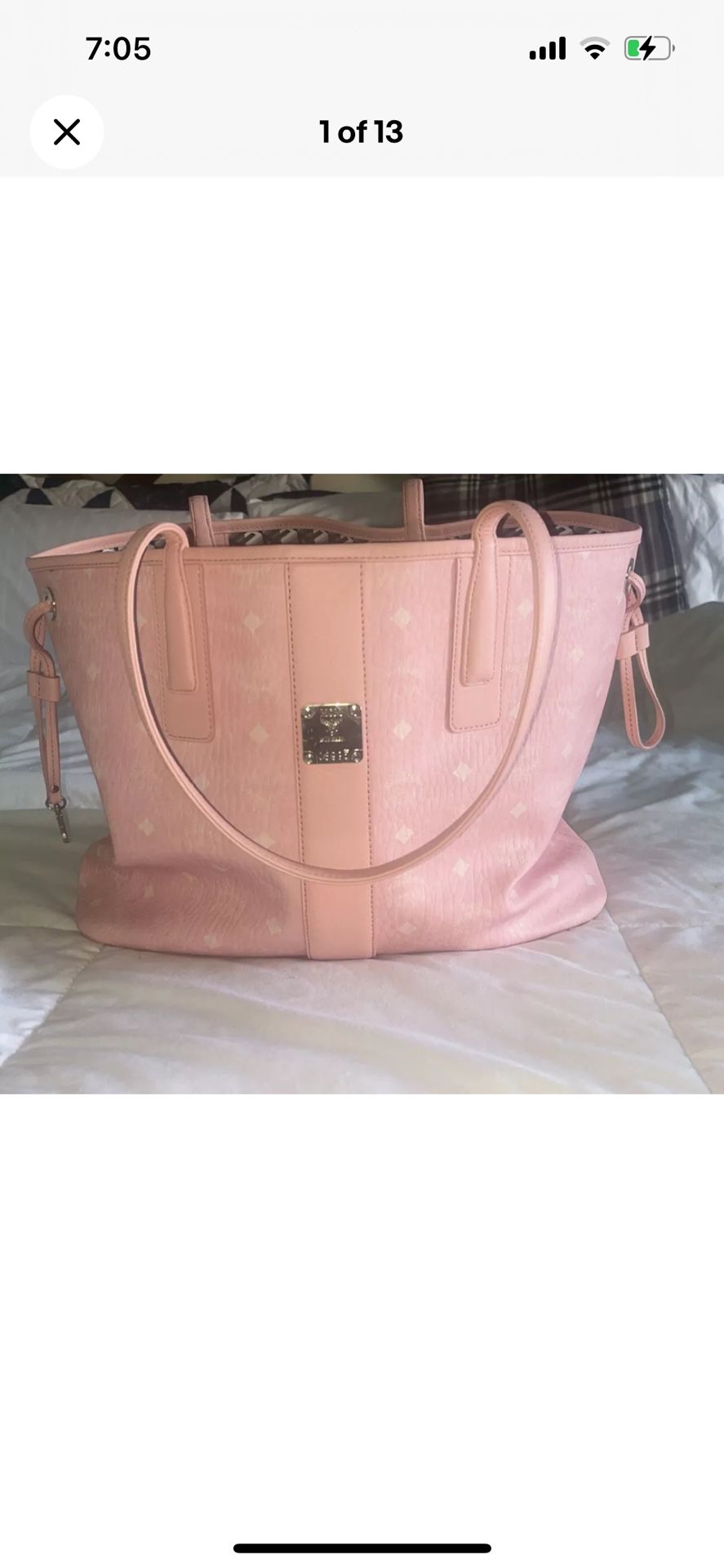 MCM Visetos Medium Liz Reversible Shopper Tote Blossom Pink Purse Hand Bag Logo