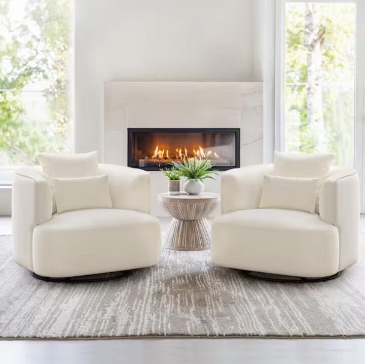 Set of 2 Beige Fabric Upholstered Swivel Accent Chair, Curved Arm Chair Cozy Swivel Barrel Chair