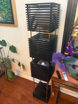 Modern Dark Wood Slatted Floor Lamp