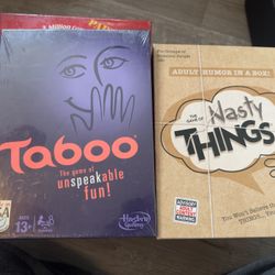 5 Board Games - two Apples to Apples, Would You Rather, Taboo, Nasty Things.