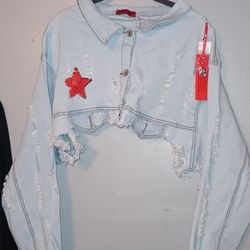 Women's Blue Jeans Crop Lightweight Jacket / Long Sleeves Size 2x / New