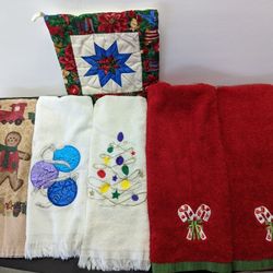 Christmas Holiday Embroidered Dish Towels and a Pot Holder