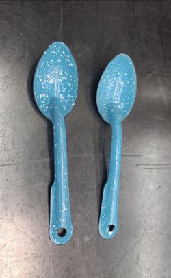 2 Vintage Enamel Blue Speckled Spoons