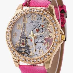 CdyBox Wholesale PU Leather Strap Watch Mother Day Gift Bling Rhinestone Accented Eiffel Tower Ladies Women Watches