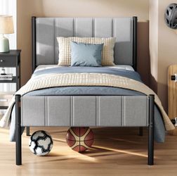 Twin Bed Frame with Upholstered Headboard, Footboard, Metal 550 lb Weight Capacity, Steel Slats, Easy Assembly, No Box Spring Needed, Dove Gray, DUPON