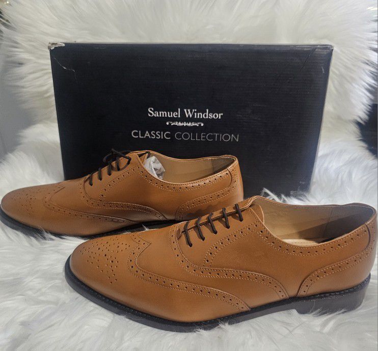 Samuel Windsor Men's Classic Tan Leather Shoes.  Wedding Vintage Style ties Shoes Marked Size 10.5