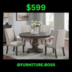 Round Dining Table - 5pc Set - Rustic Dining Room Furniture 