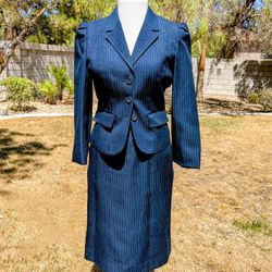 Classic Pinstripe Dark Navy Petite Sz 10 Business Blazer & Skirt Midi Dress EUC