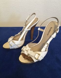 Bebe Women's White/Gold Leather Very High Heel w/buckle Size 7 M
