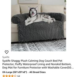Syalife Shaggy Plush Calming Dog Couch Bed Pet Protector, Fluffy Waterproof Lining and Nonskid Bottom, Dog Mat for Furniture Protector with Washable C