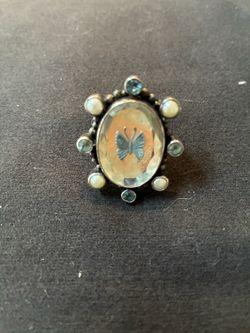 1-of-1 Handcrafted Sterling Silver Intaglio Butterfly Ring Size 6.5 – Pearl & Topaz Glass Halo