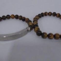 MENS 2 Beaded Tiger Eye Stretchy Bracelets - one with stainless steel