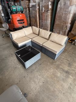 Outdoor Patio Sectional Sofa & Coffee Table Set - All-Weather Wicker (Beige/Grey)