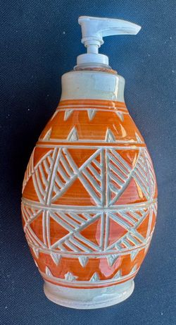 Pottery HAND MADE soap dispenser art orange geometric Aztec gift Xmas birthday