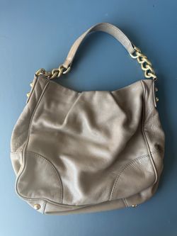Beige Leather Hobo Bag with Gold Chain