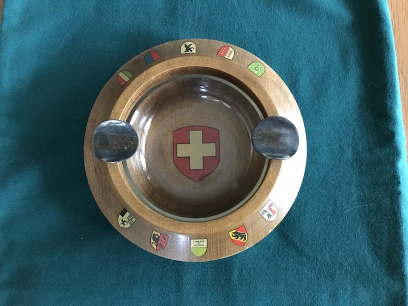 Vintage Swiss wood ashtray