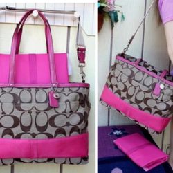 Coach Signature Pink Stripe Diaper Bag/Multi-purpose Bag