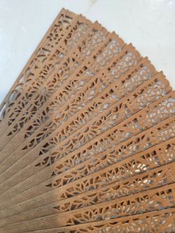 Carved Wood Brise Folding Fan Pierced Floral Openwork Tassel 12" Wide
