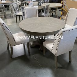 🔥 DISCOUNTED! Modern Round Pedestal Dining Table Set with 4 Upholstered Chairs, Elegant Wood Finish, Space-Saving Design for Kitchen or Dining Room