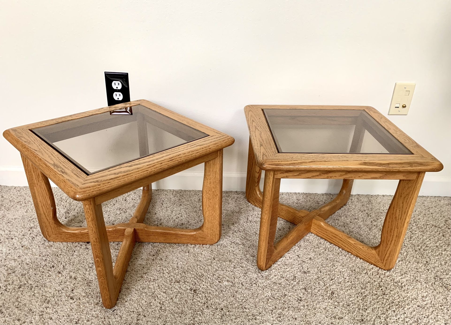 • vintage retro deco wood + smokey glass accent tables •