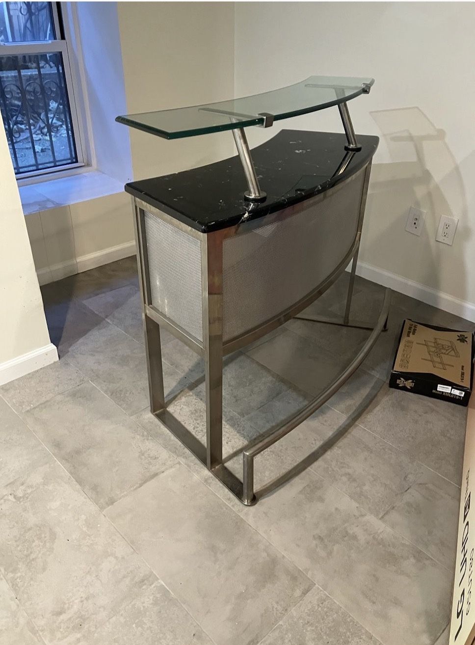 Modern Granite + Glass Bar W/ Leather Barstools