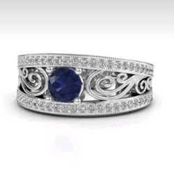 BRAND NEW IN PACKAGE LADIES ROUND BLUE SAPPHIRE GEMSTONE CRYSTAL CZ ZIRCON STERLING SILVER SCROLL RING SIZE 6 - VINTAGE STYLE 