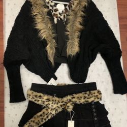 Multi-coloured crochet cardigan with faux fur trim 