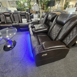 Brand New Brown Synthetic Leather LED Power Reclining Sofa + Loveseat With Cup Holders, USB, Wireless Charging, And Storage