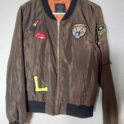 Love Tree Jacket, Brown, and Black Patch Graphic Full Zip Bomber Jacket 
