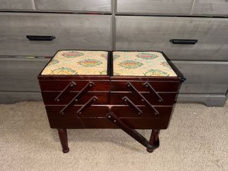 Vintage Wooden Accordion Sewing Box / Sewing Basket on Legs