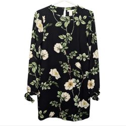 H & M Black Floral Print Long Sleeve Shift Dress