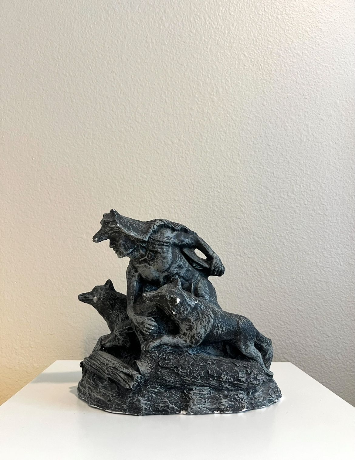Vintage Native American Warrior and Wolves Figurine - Rustic Resin Statue Decor