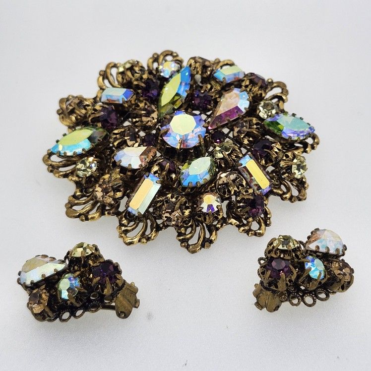 Vintage Brooch and Earrings Rhinestones Filigree Made in Austria