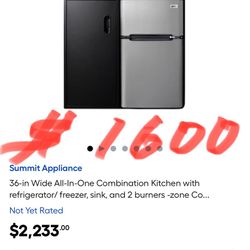 6.00 Summit Appliance 36-in Wide All-In-One Combination Kitchen with refrigerator/ freezer, sink, and 2 burners -zone Co...